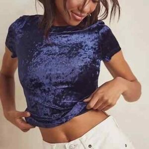Free People Navy Blue  Velvet Crushed Short Sleeve Top..Size:L